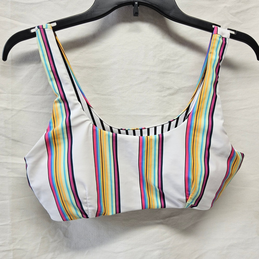 Bikini Top Women Medium White Multicolor Vertical Stripe Scoop Neck